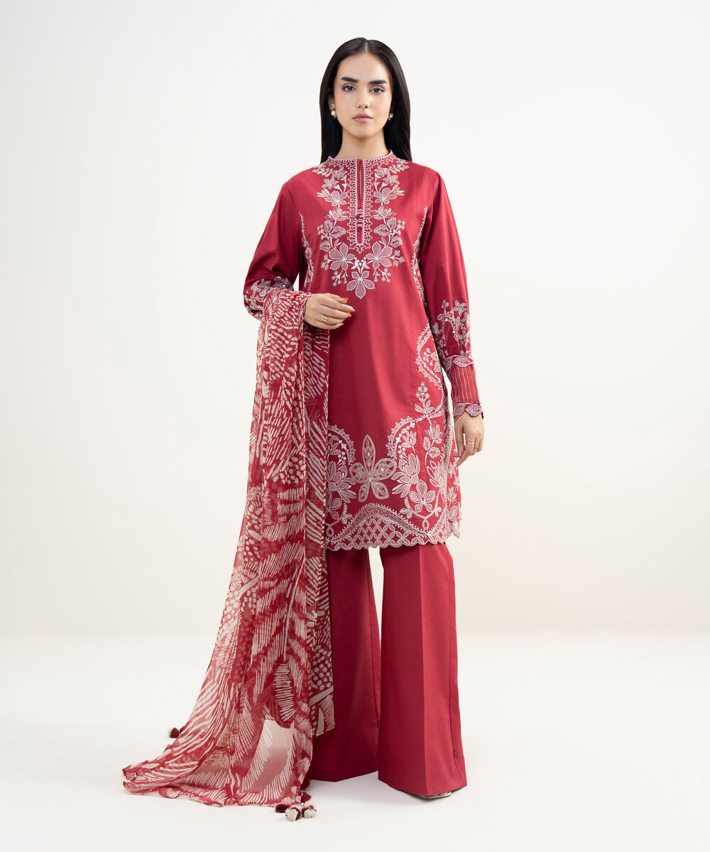 Women's Unstitched Textured Lawn Embroidered Red 3 Piece Suit