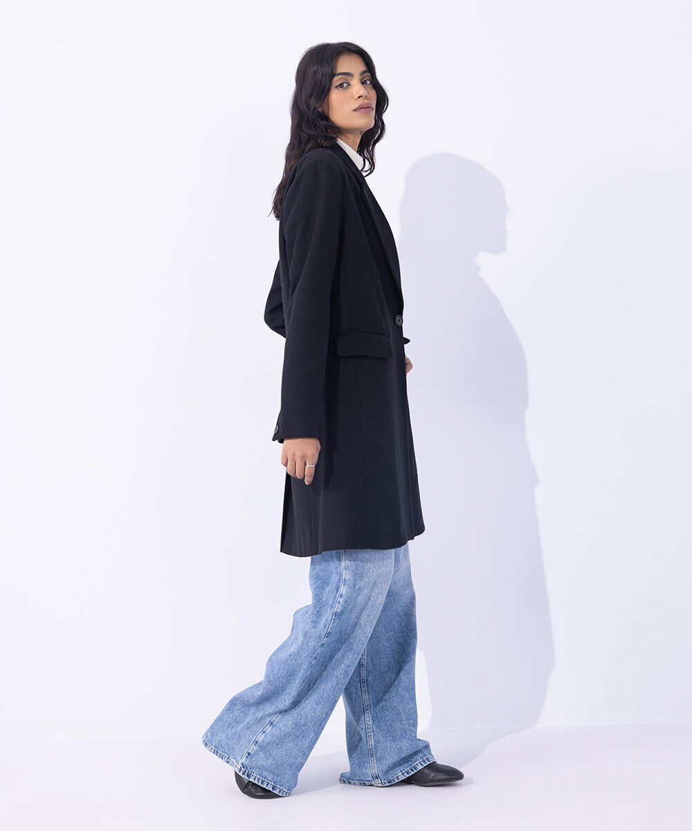 Woman - Black Single Button Coat