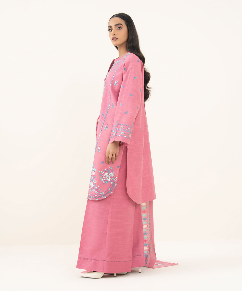 Women's Unstitched Embroidered Zari Khaddar Pink 3 Piece Suit
