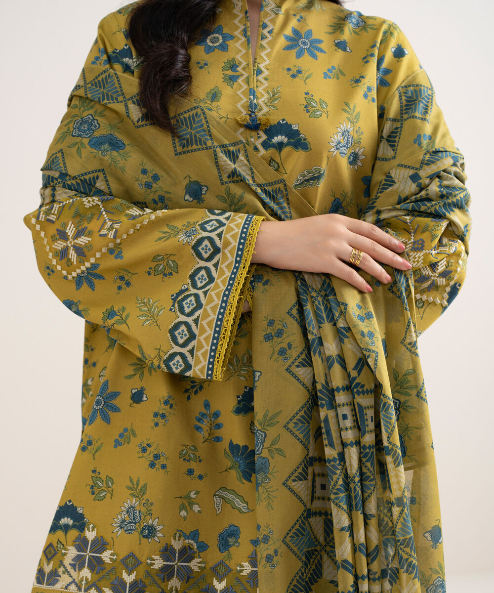 Women's Unstitched Cotton Embroidered Yellow 3 Piece Suit