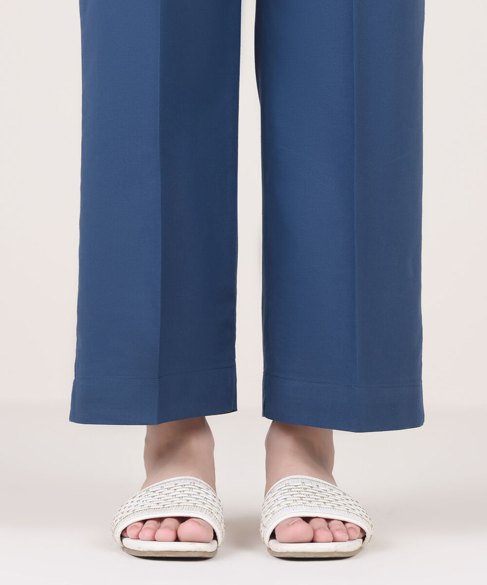 Women's RTW Cambric Blue Solid Straight Pants