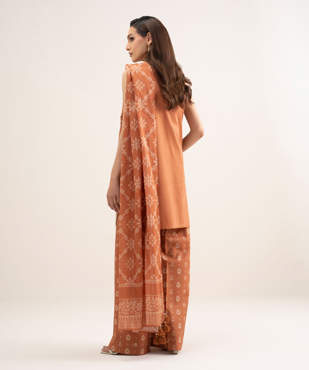 Women's Unstitched Dobby Embroidered Orange 3 Piece Suit