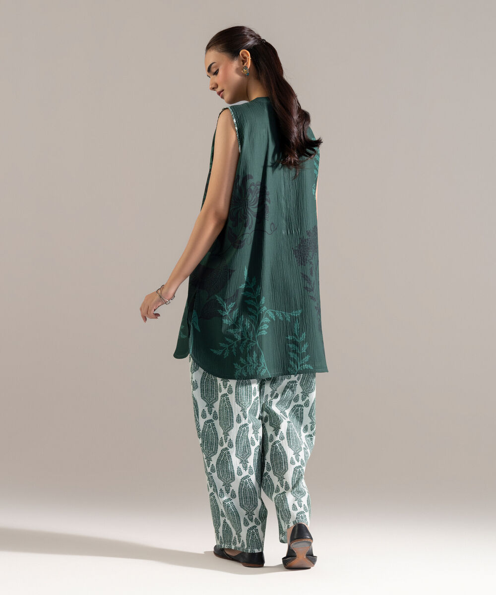 Women's RTW Seersucker Printed Teal Straight Shirt
