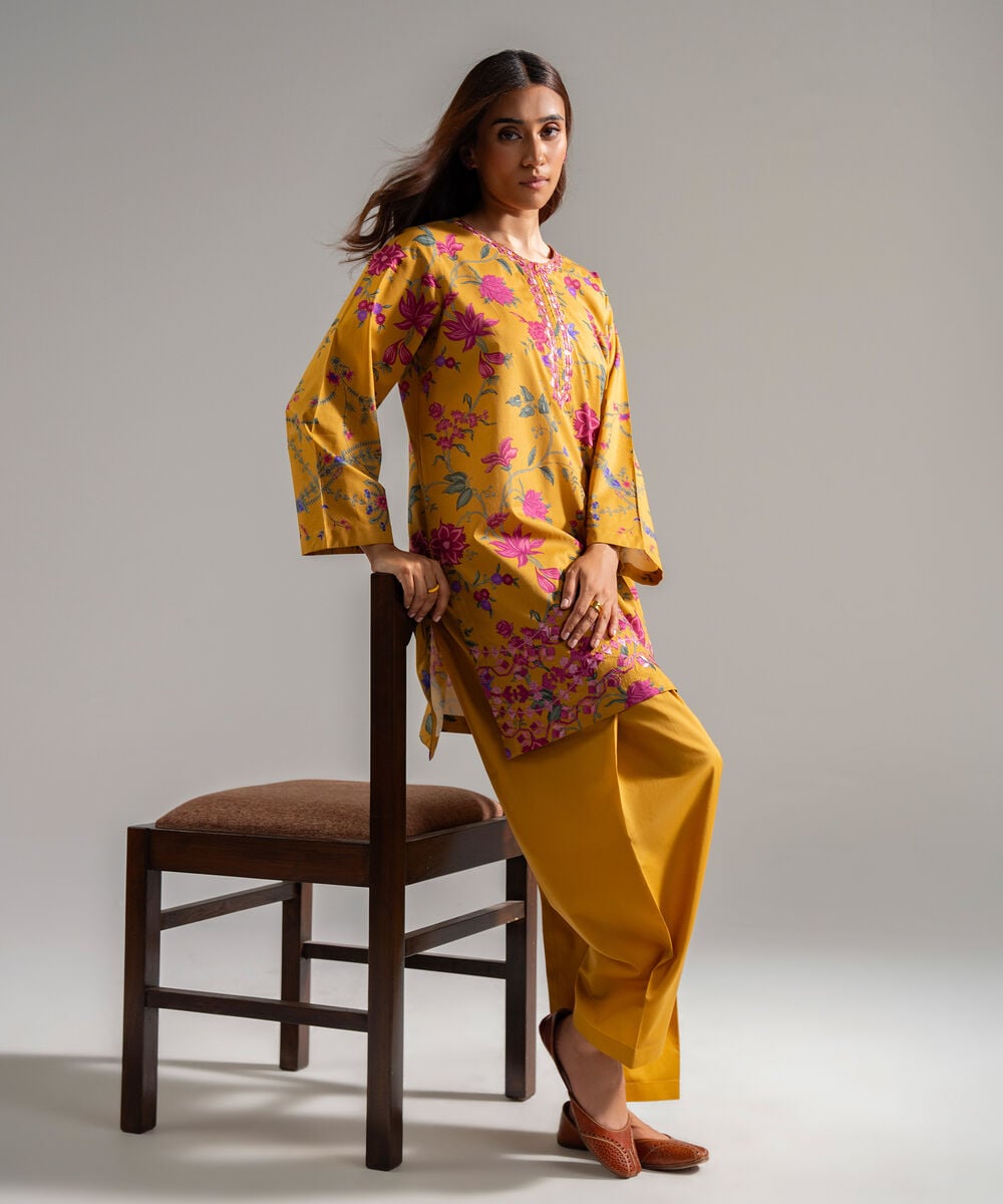 Women's RTW Cambric Embroidered Mustard Yellow 2 Piece Suit