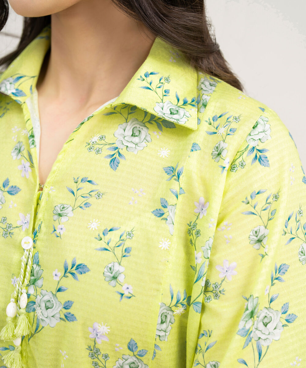 Women's RTW Dobby Embroidered Green Straight Shirt