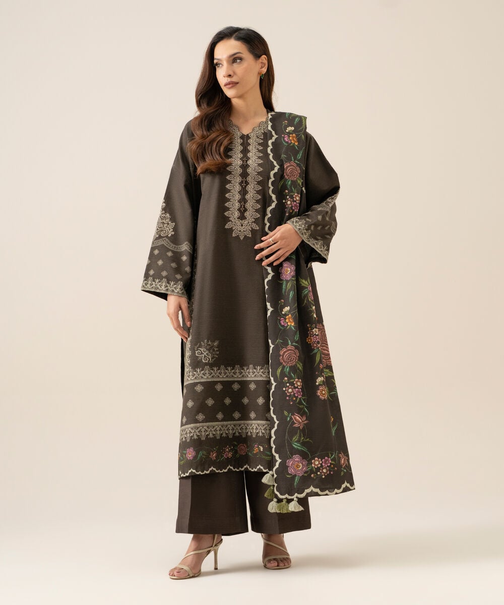 Women's Unstitched Light Khaddar Embroidered Brown 3 Piece Suit