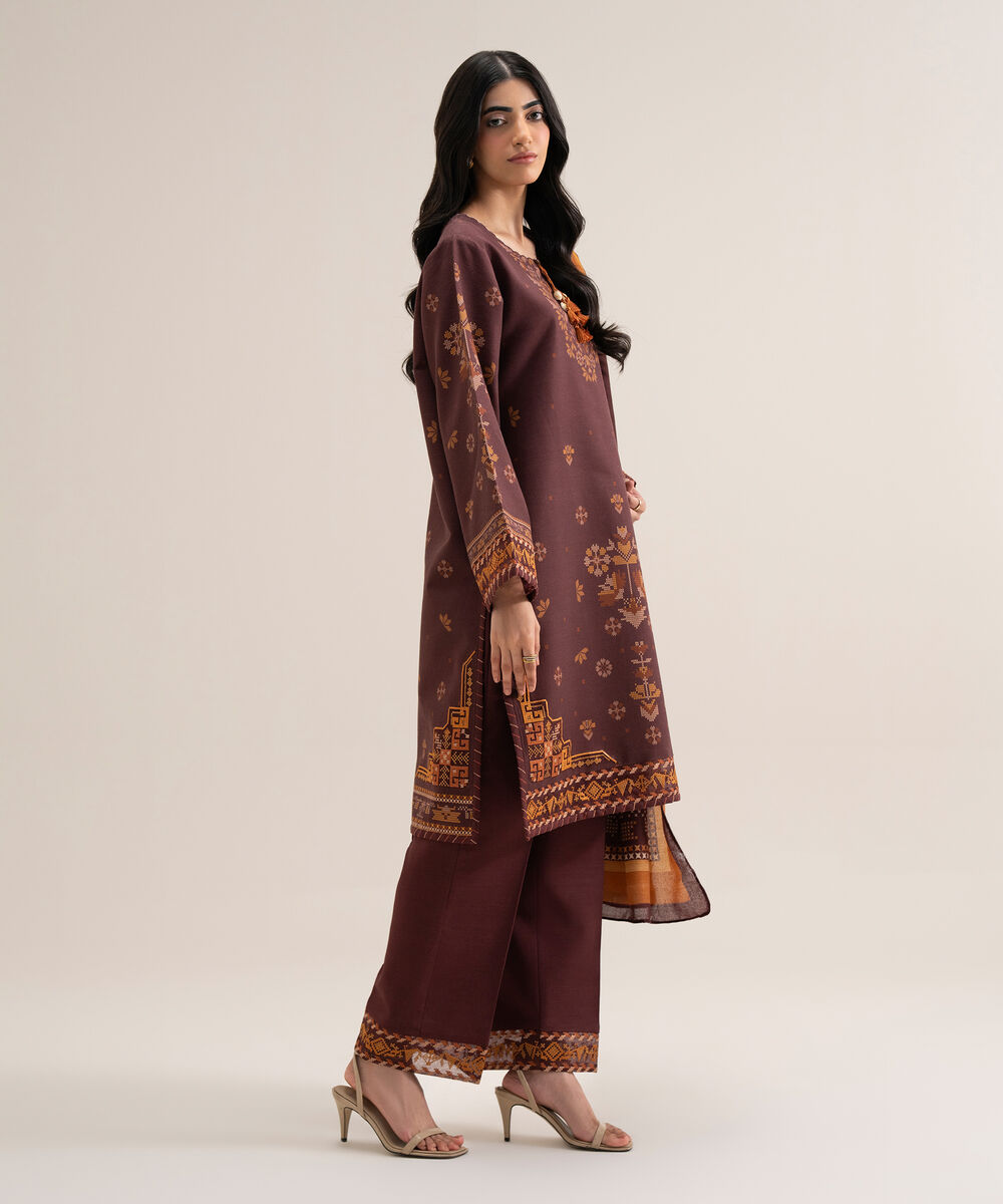 Women's Unstitched Cotton Printed Brown 3 Piece Suit