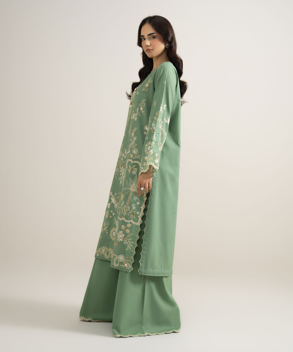 Women's Unstitched Self Jacquard Embroidered Green 3 Piece Suit