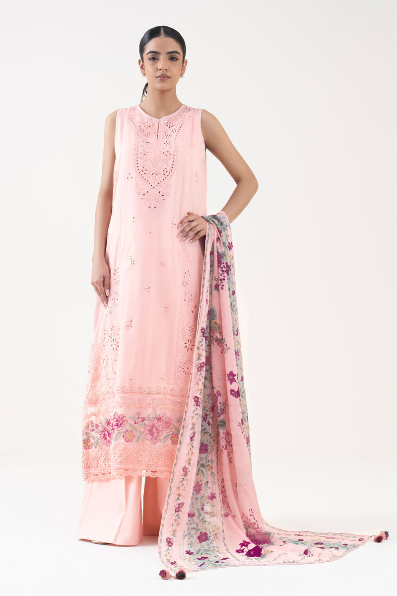 3 Piece -  Embroidered Fine Cotton Satin Suit