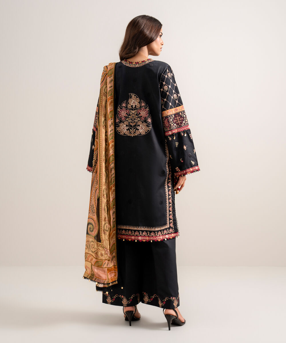 Women's Unstitched Embroidered Fine Cotton Satin Black 3 Piece Suit