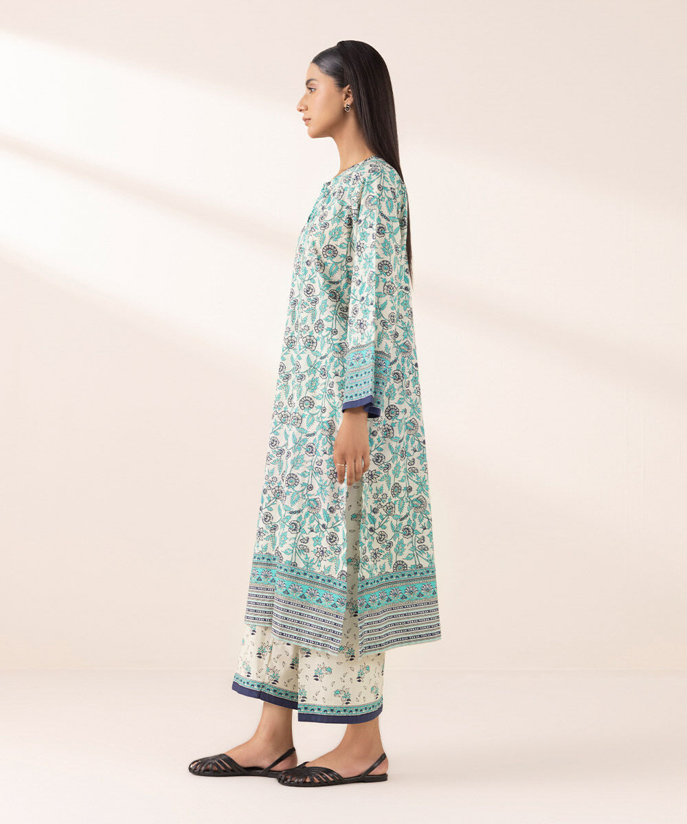 Women's Pret Yarn Dyed Blue Printed A-Line Shirt