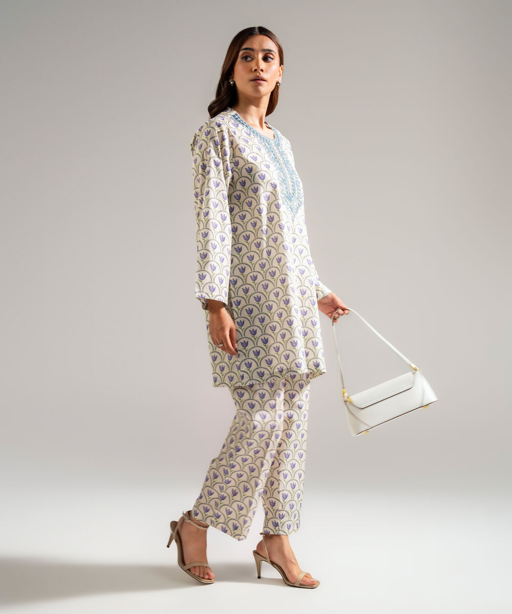 Women's RTW Cambric Embroidered Off White 2 Piece Suit