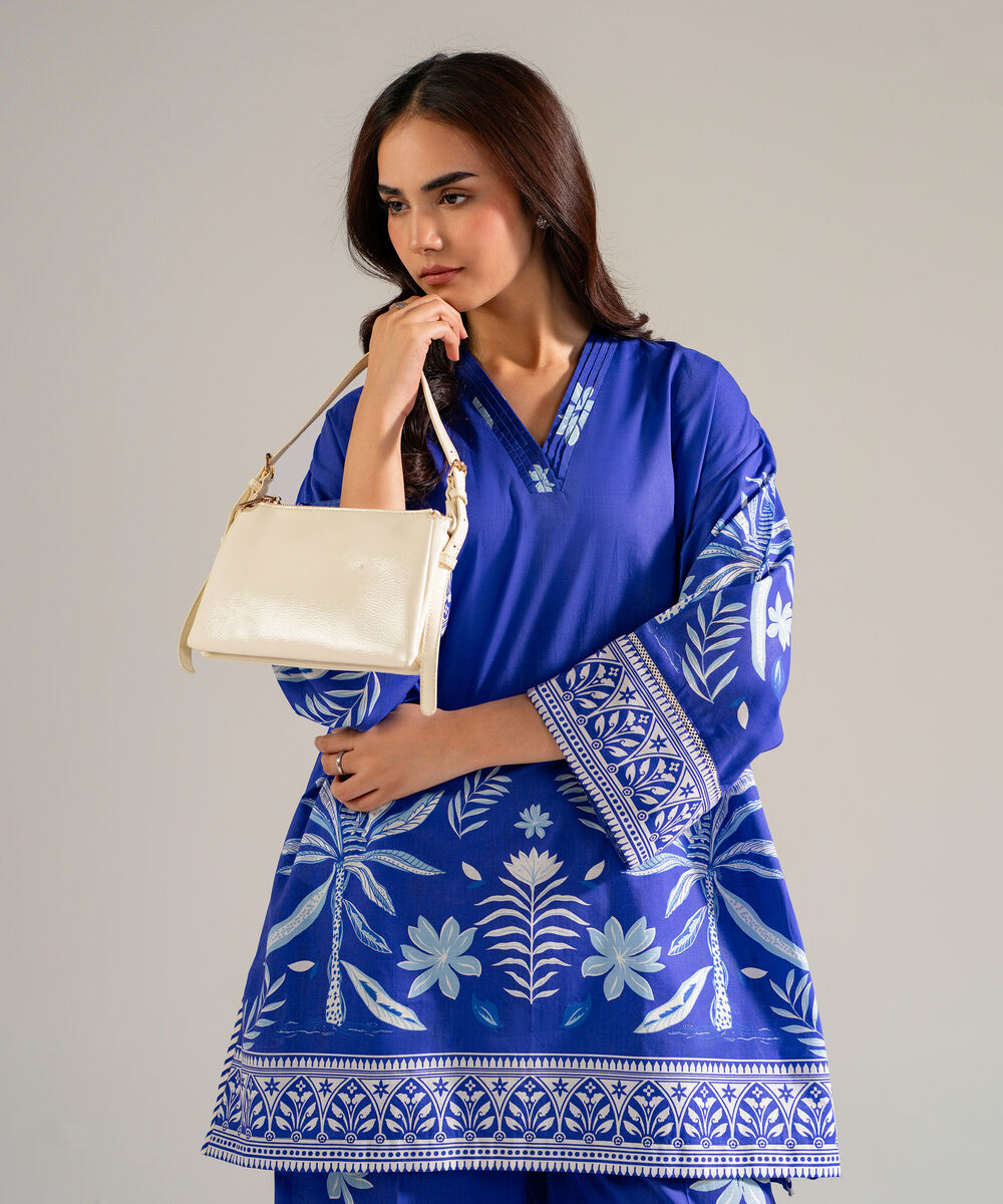 Women's RTW Slub Lawn Printed Blue Drop Shoulder Shirt