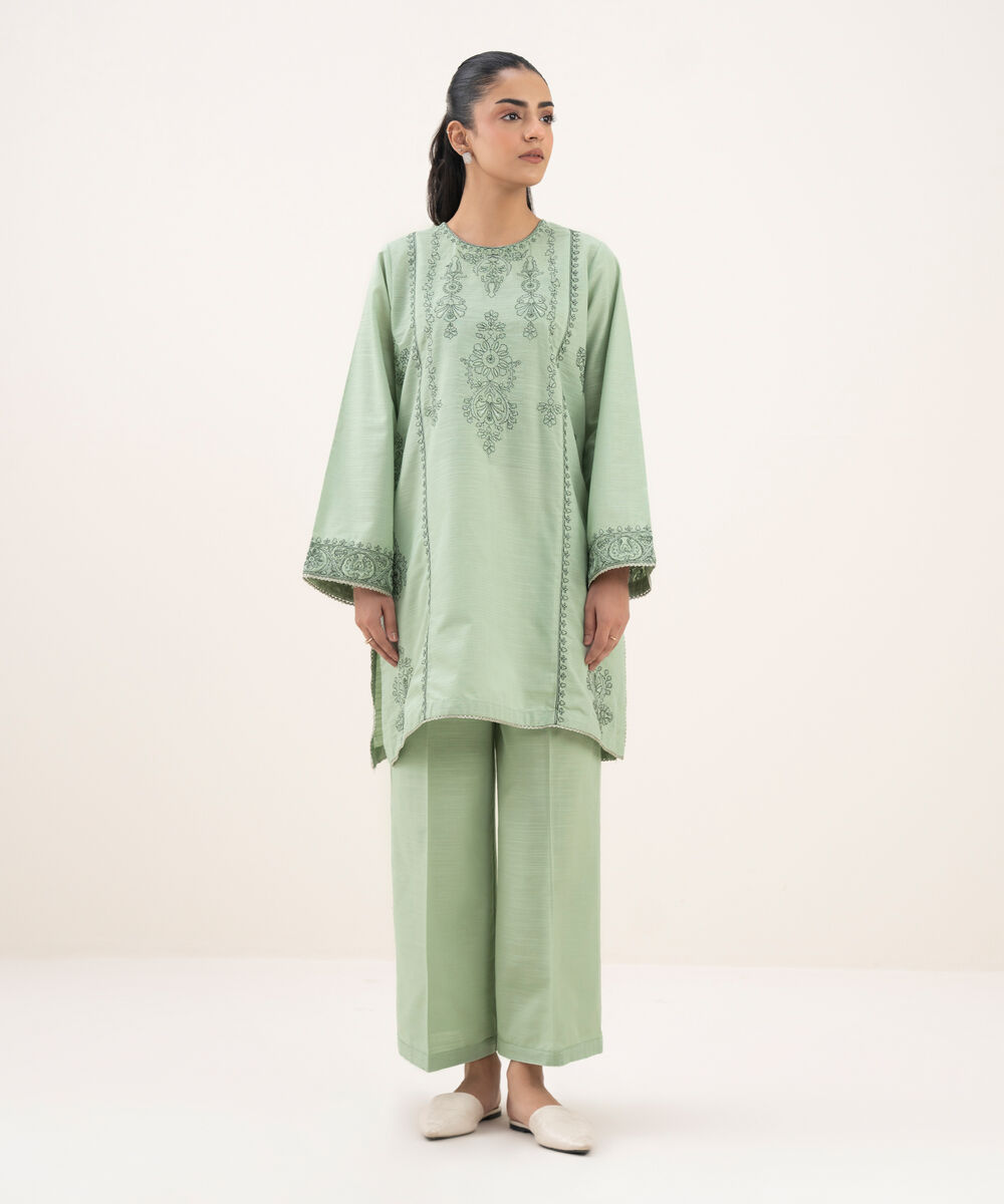 Women's RTW Cotton Embroidered Straight Ice Blue Shirt