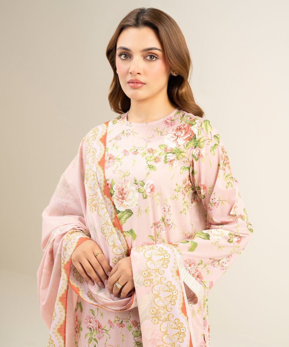 Women's Unstitched Lawn Embroidered Tea Pink 2 Piece Suit