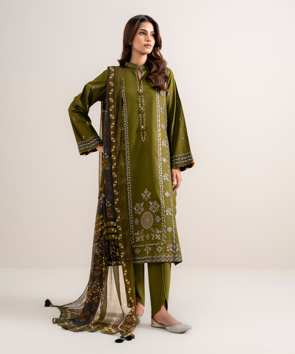 Women's Unstitched Embroidered Cotton Viscose Olive Green 3 Piece Suit