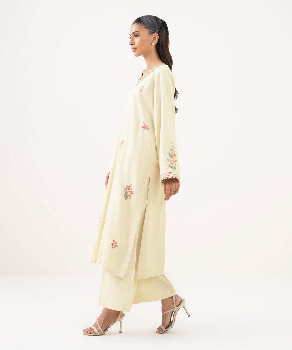 Women's RTW Cotton Viscose Embroidered Straight Off White Shirt