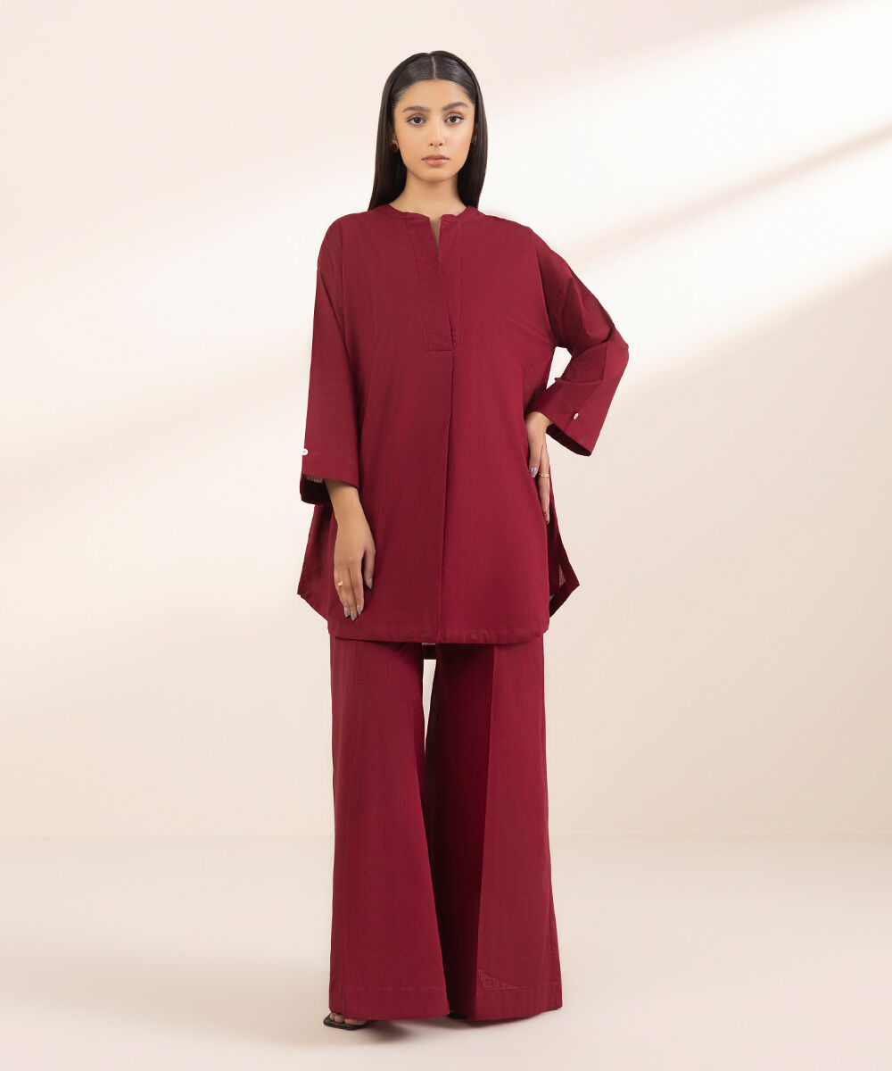 Women's Pret Cross Hatch Red Solid Boxy Shirt