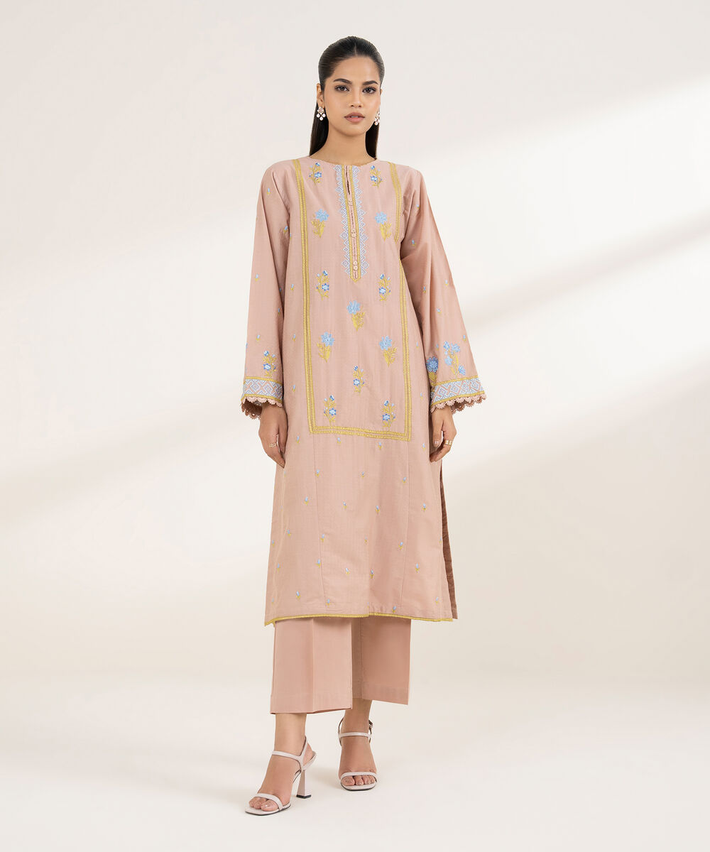 Women's RTW Dobby Pink Embroidered Boxy Shirt