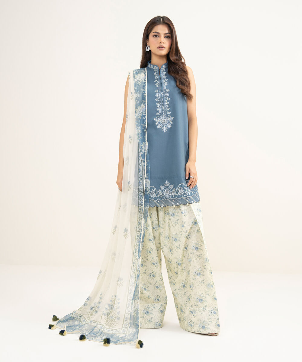 Women's Unstitched Textured Lawn Embroidered Blue 3 Piece Suit