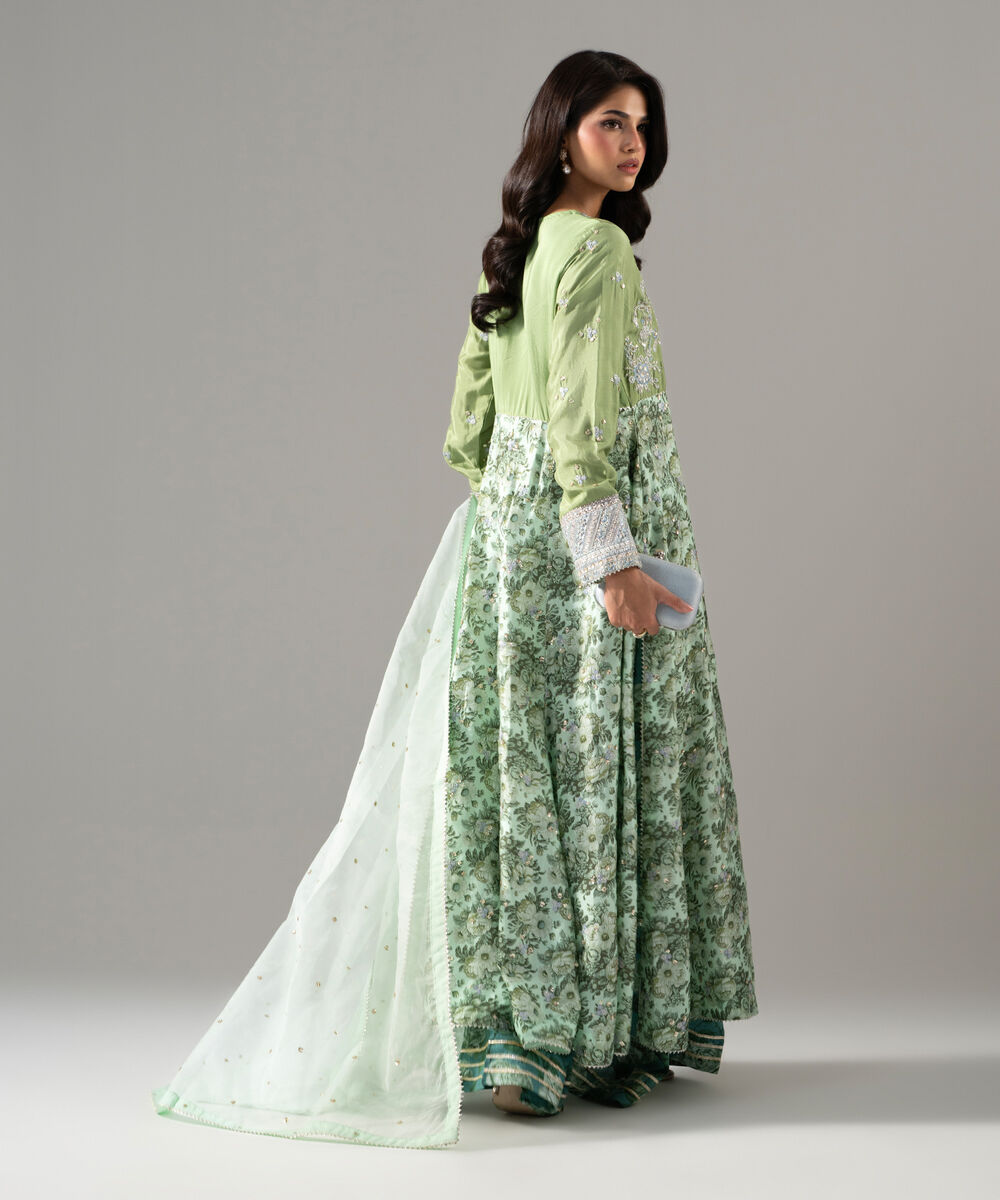 Women's RTW Bright Raw Silk Printed Green 3 Piece Suit
