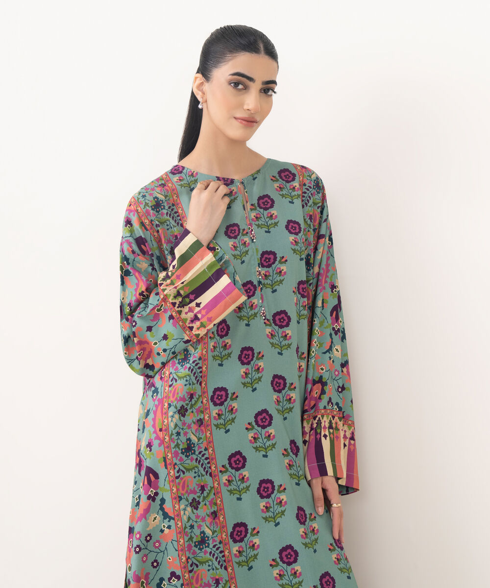 Women's RTW Viscose Linen Green Printed Drop Shoulder Shirt