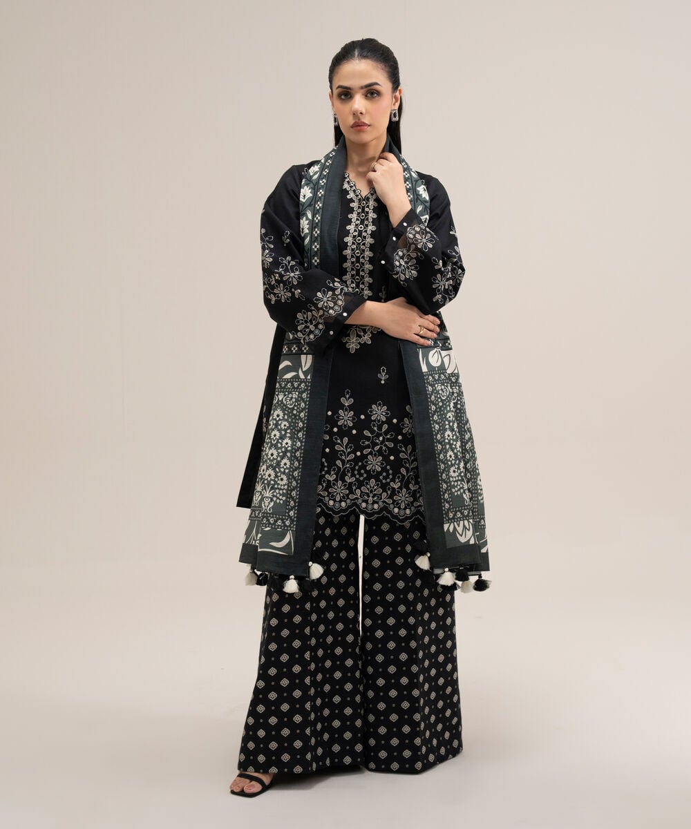 Women's Unstitched Lawn Embroidered Black 3 Piece Suit