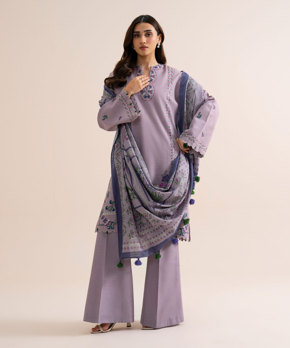 Women's Unstitched Light Khaddar Embroidered Lilac 3 Piece Suit