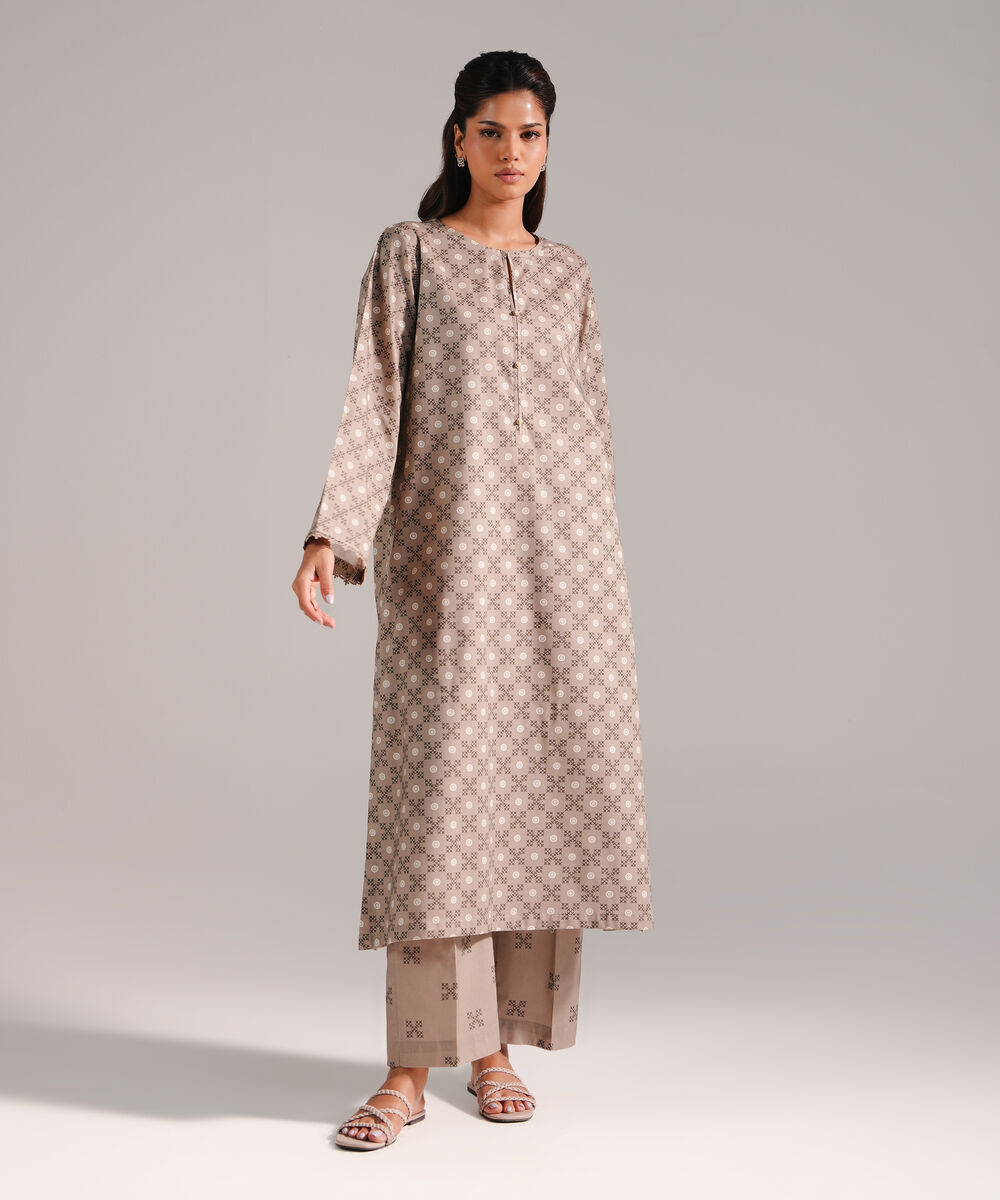 Women's RTW Cotton Viscose Printed Dark Beige 2 Piece Suit