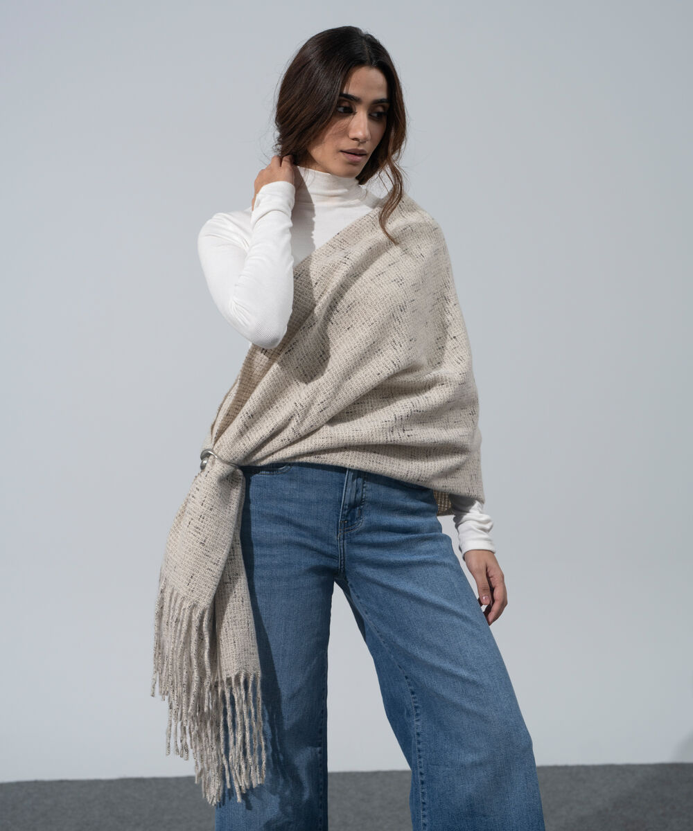 Women's Western Wear Off White Polyester Textured Woolen Scarf