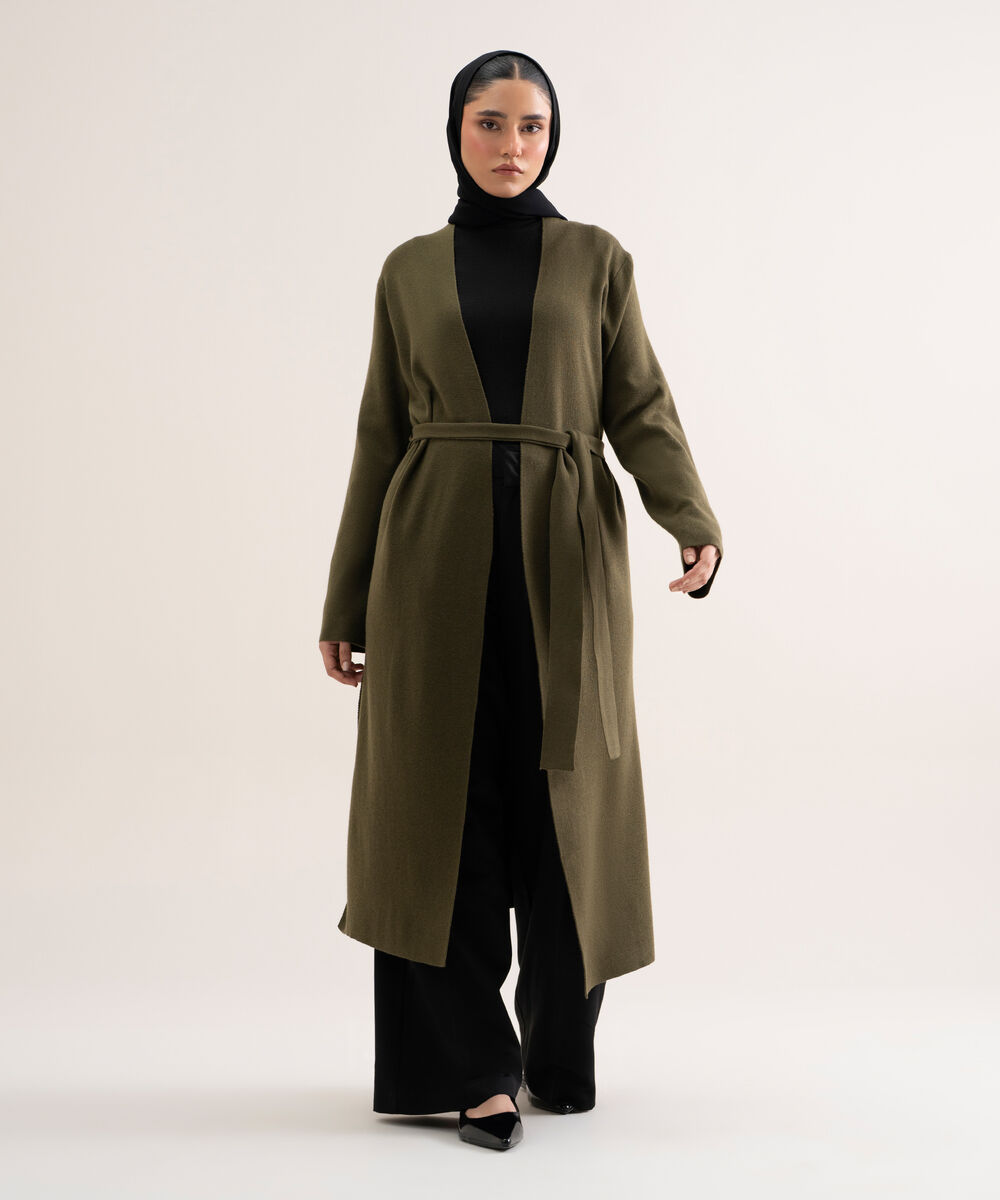 Women's Olive Green Solid Sweater-Knit Abaya Set