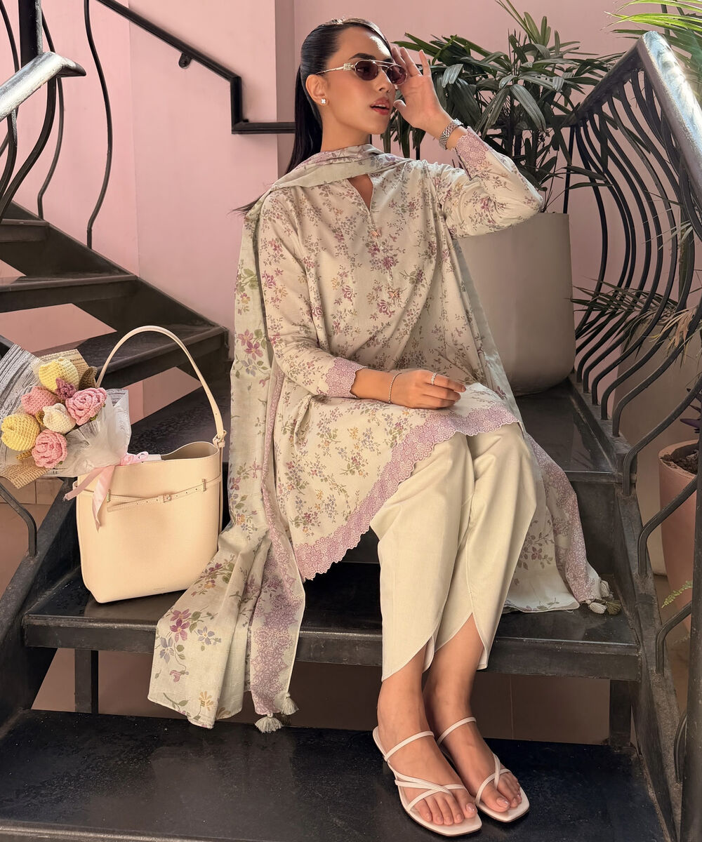 Women's Unstitched Zari Lawn Printed Off White