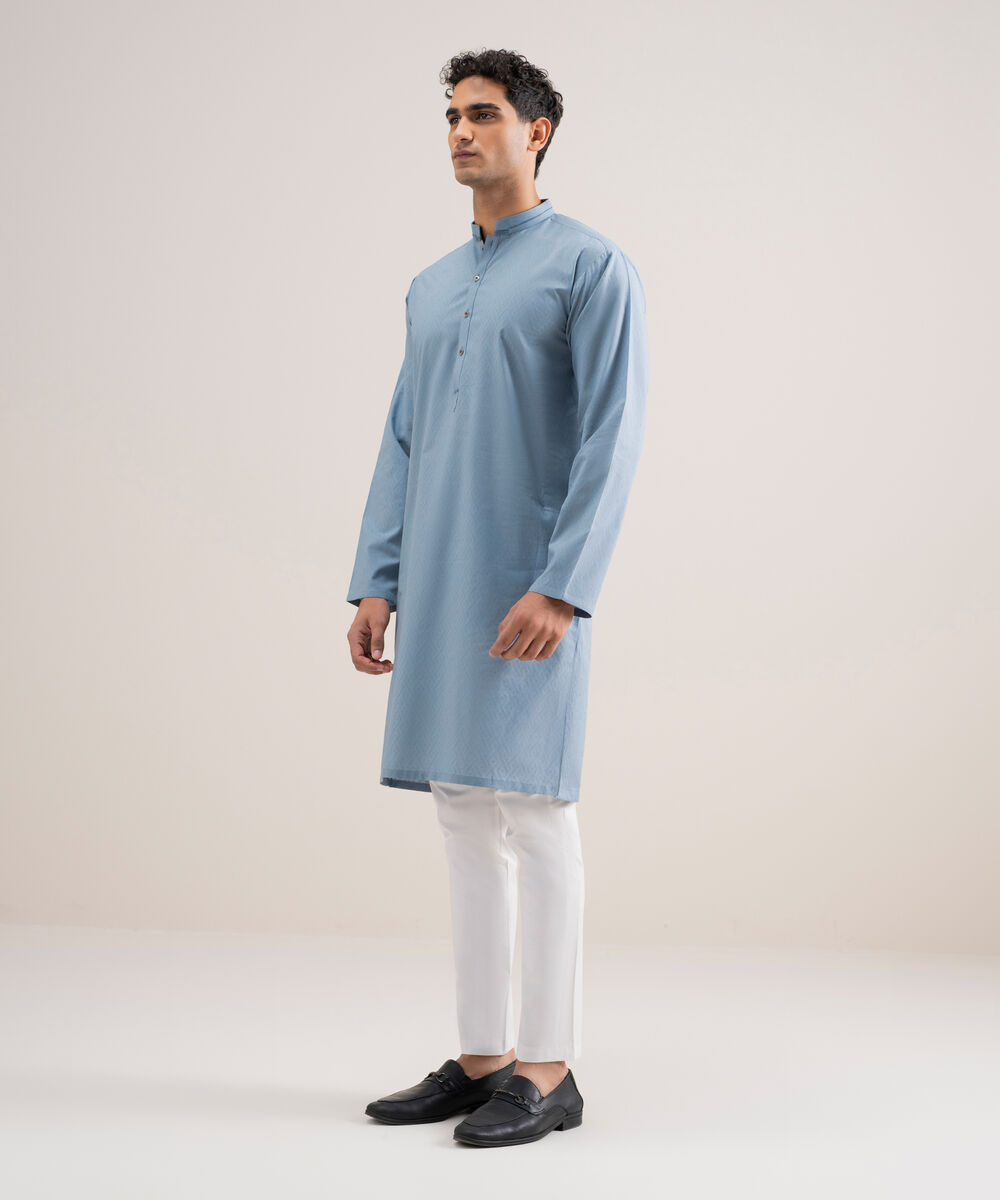 Men's Stitched Cotton Jacquard Blue Grey Kurta