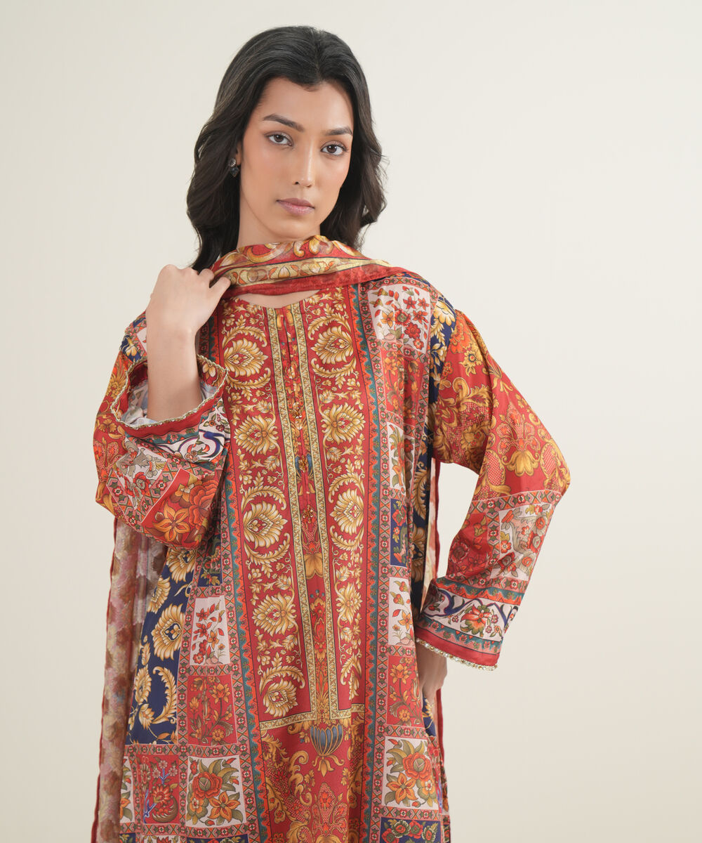 Women's RTW Blended Grip Silk Printed Dark Orange 3 Piece Suit