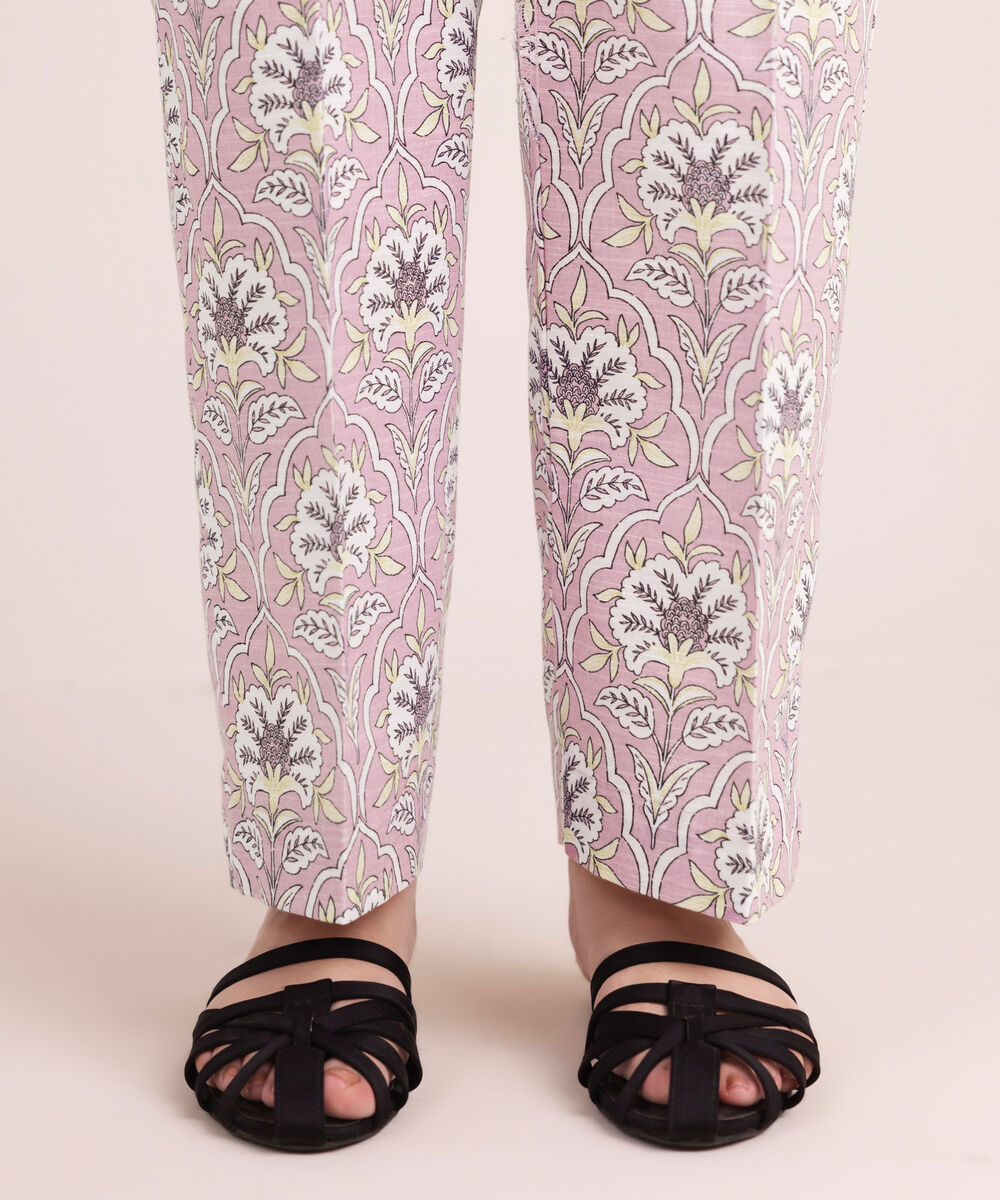 Women's RTW Khaddar Printed Pink Straight Pants