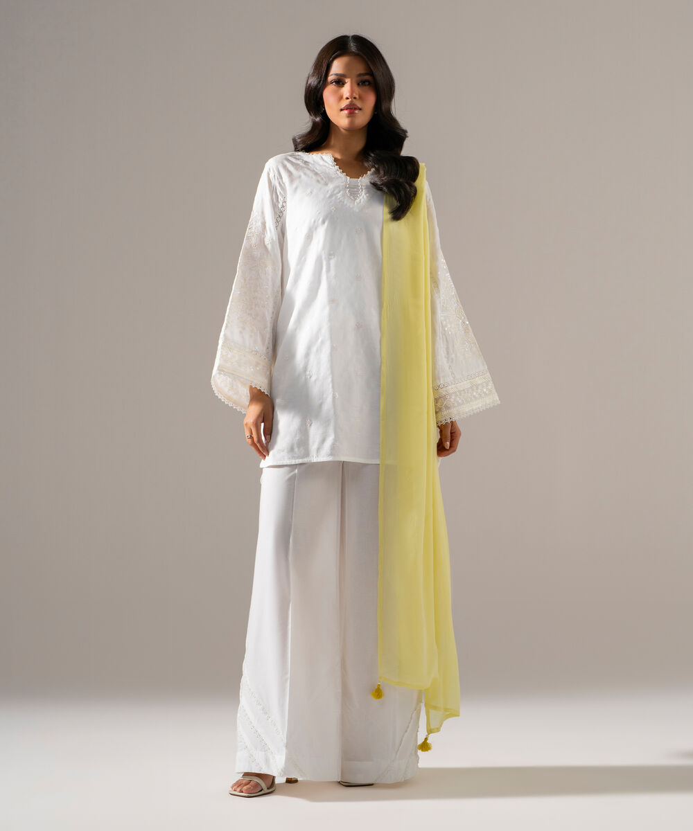Women's RTW BEmbroidereder Georgette Chiffon Solid Yellow Dupatta