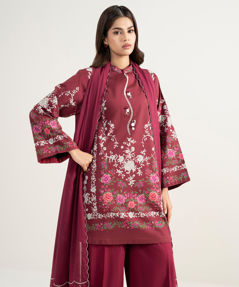 Women's Unstitched Lawn Embroidered Red 3 Piece Suit