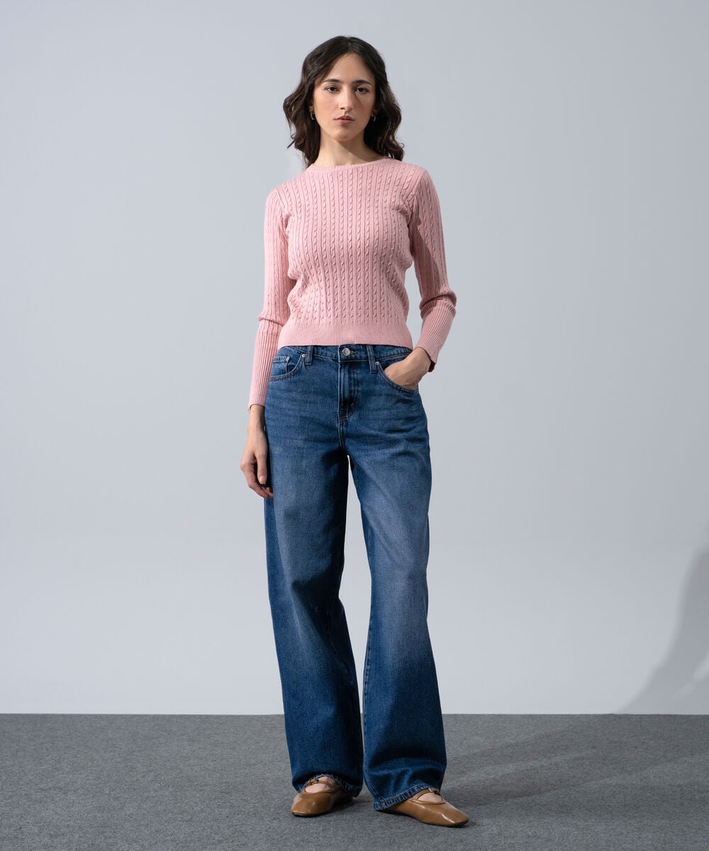 Women's Western Wear Pink Textured Cable-Knit Jumper