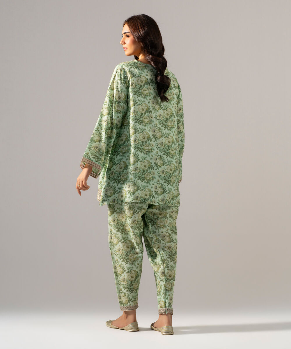 Women's RTW PK Raw Silk Printed Embroidered Green 2 Piece Suit