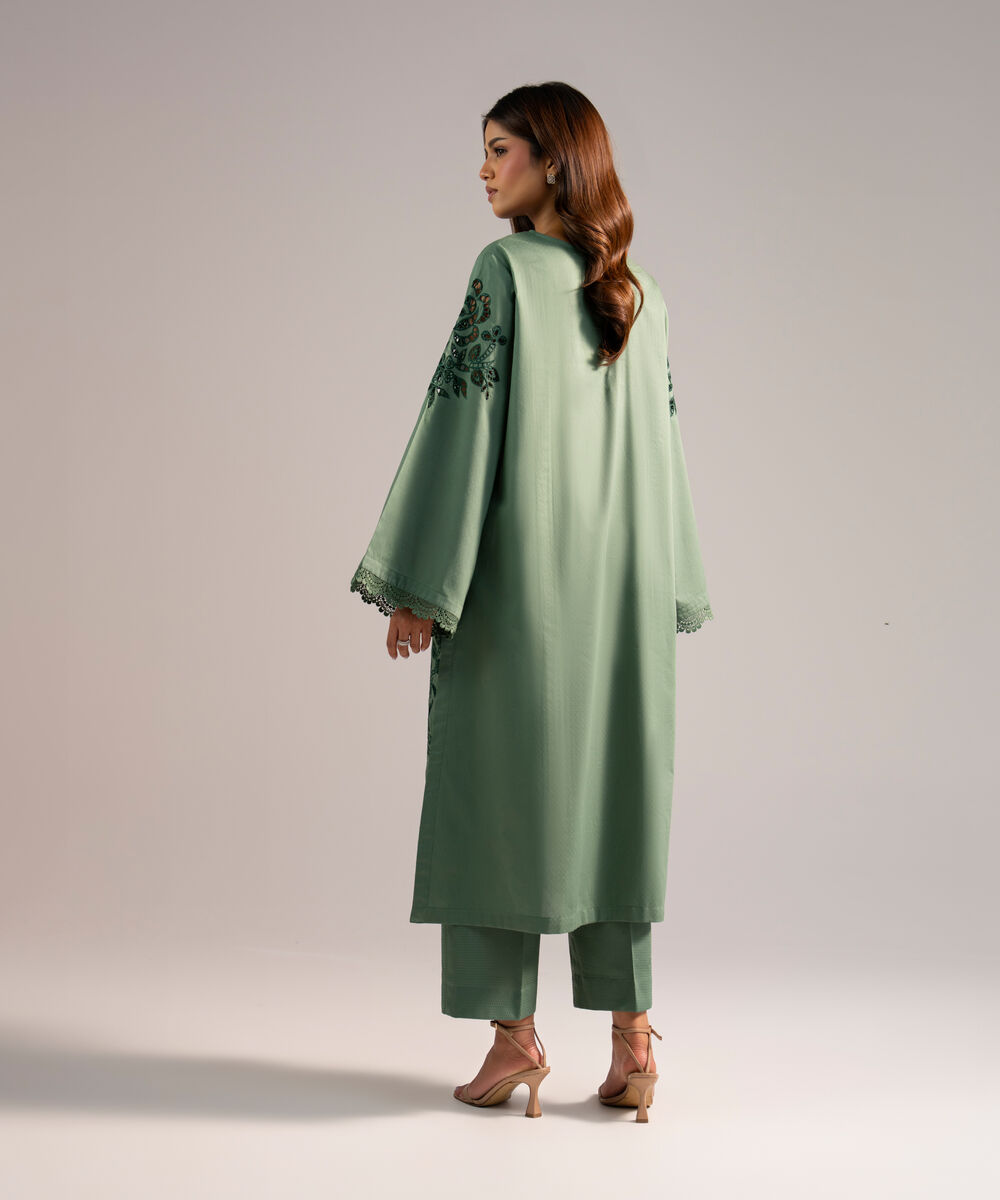 Women's RTW Dobby Embroidered Green 2 Piece Suit
