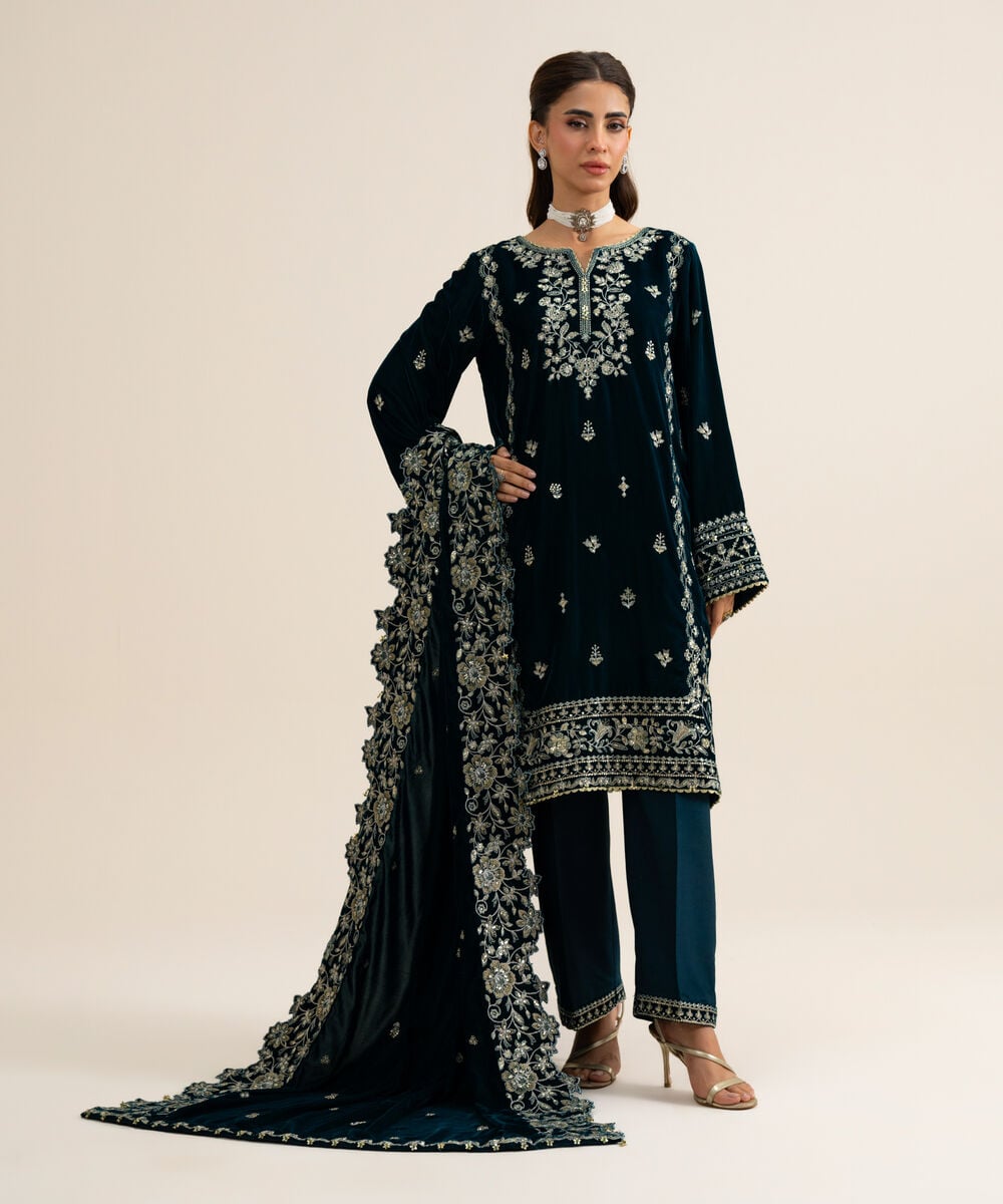 Women's Unstitched Velvet Embroidered Dark Blue 3 Piece Suit