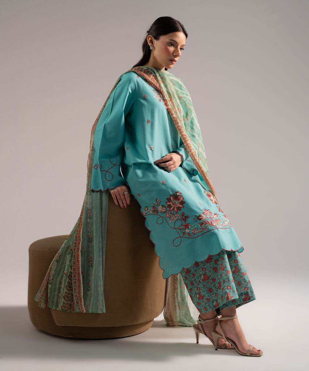 Women's RTW Dobby Embroidered Blue 3 Piece Suit