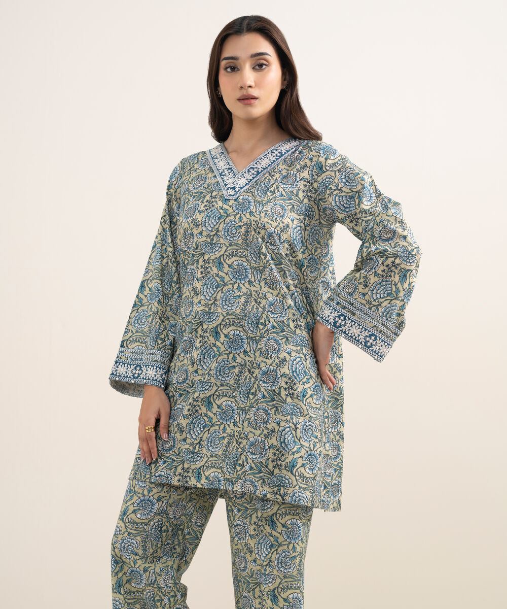 Women's RTW Dobby Embroidered Green 2 Piece Suit