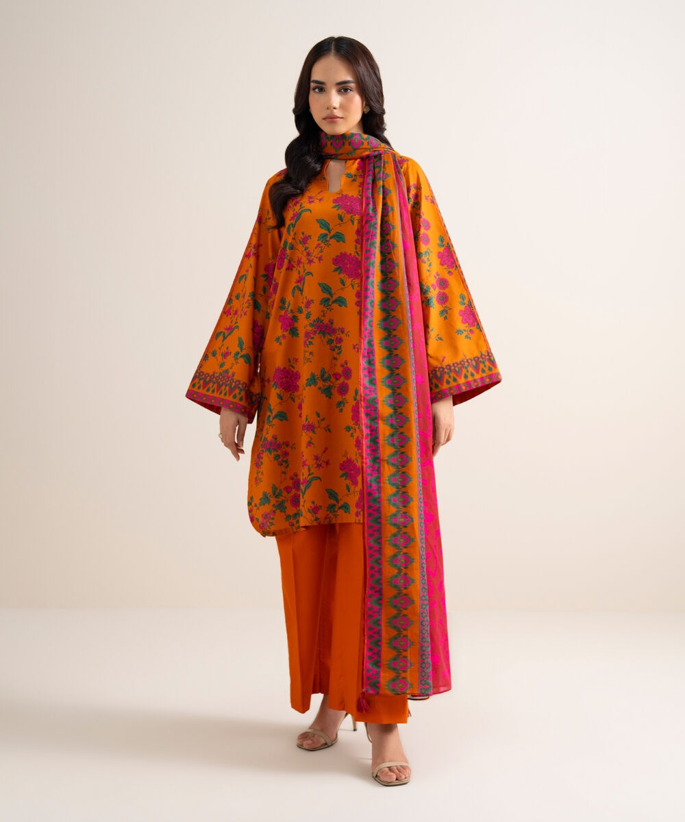 Women's Unstitched Printed Lawn Mustard 3 Piece Suit