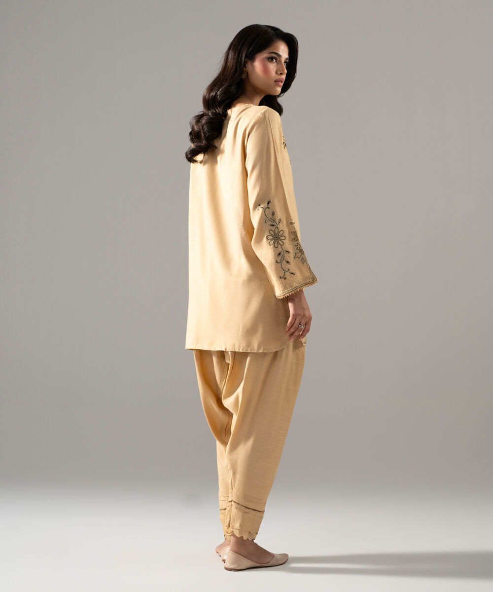 Women's RTW Raw Silk Solid Embroidered Beige 2 Piece Suit