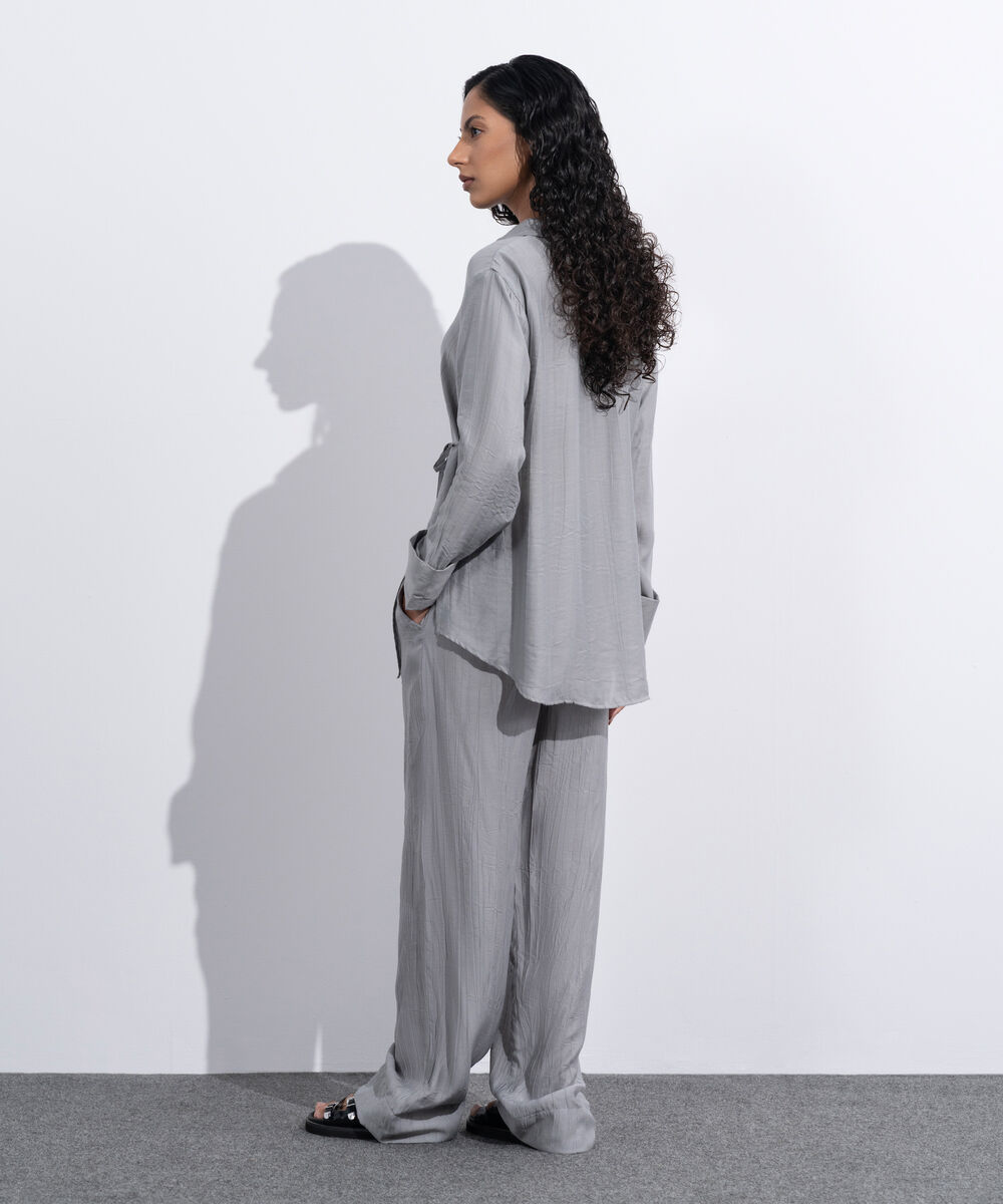 Women's Western Wear Grey Textured Wrap Around Shirt