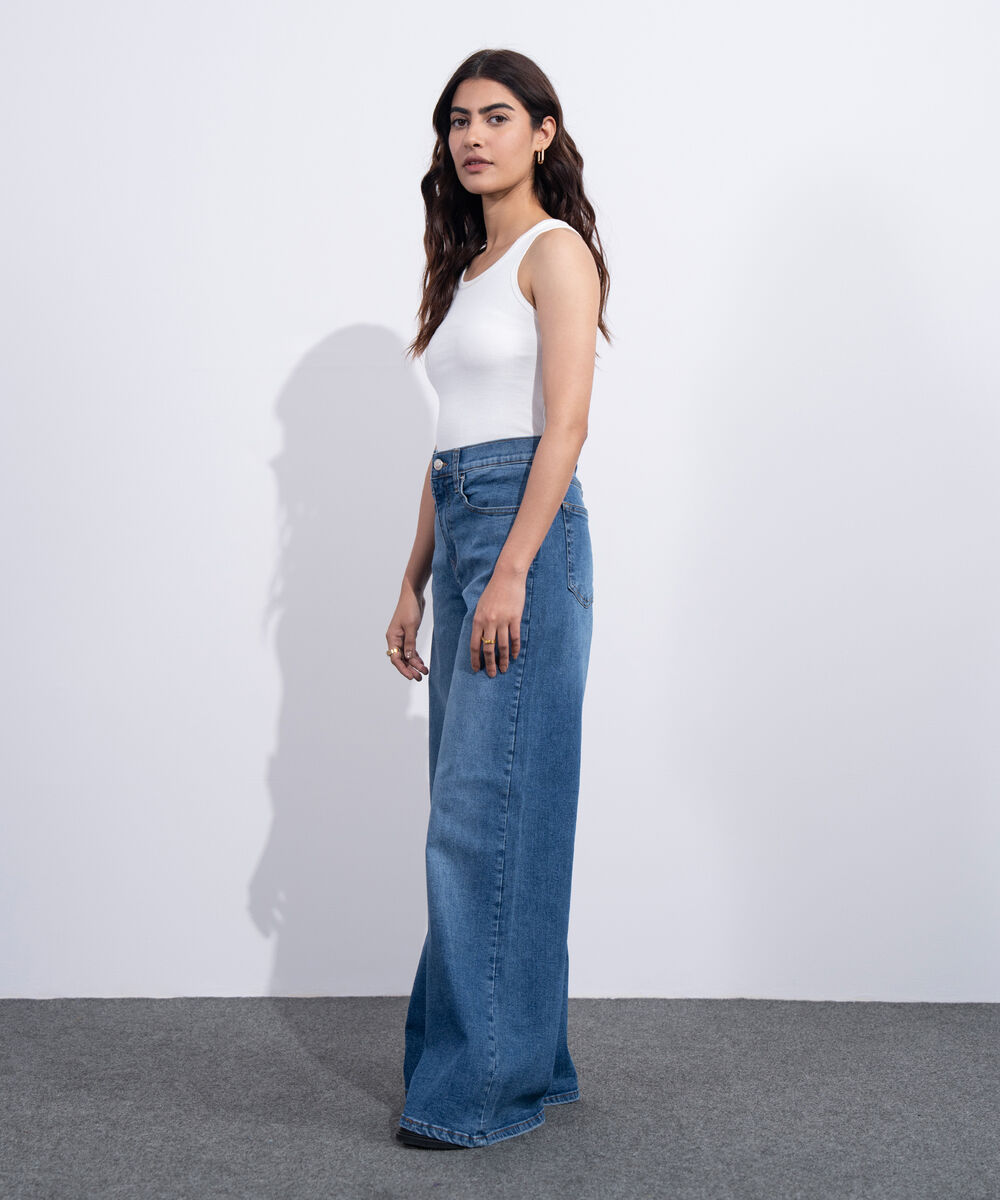 Women's Western Mid Blue Wash High Rise Wide Leg Jeans