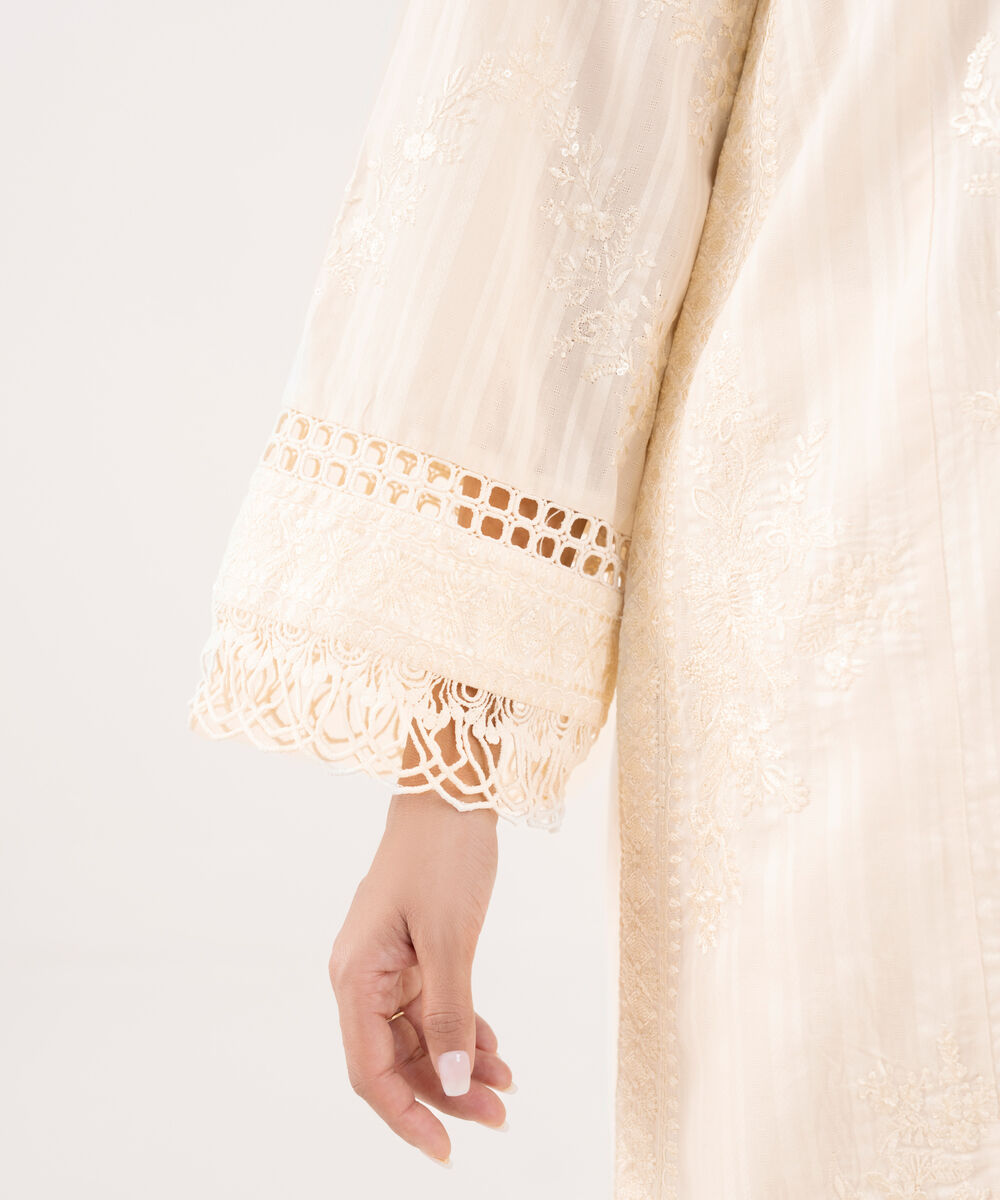 Women's RTW Textured Lawn Off White Embroidered A-Line Shirt