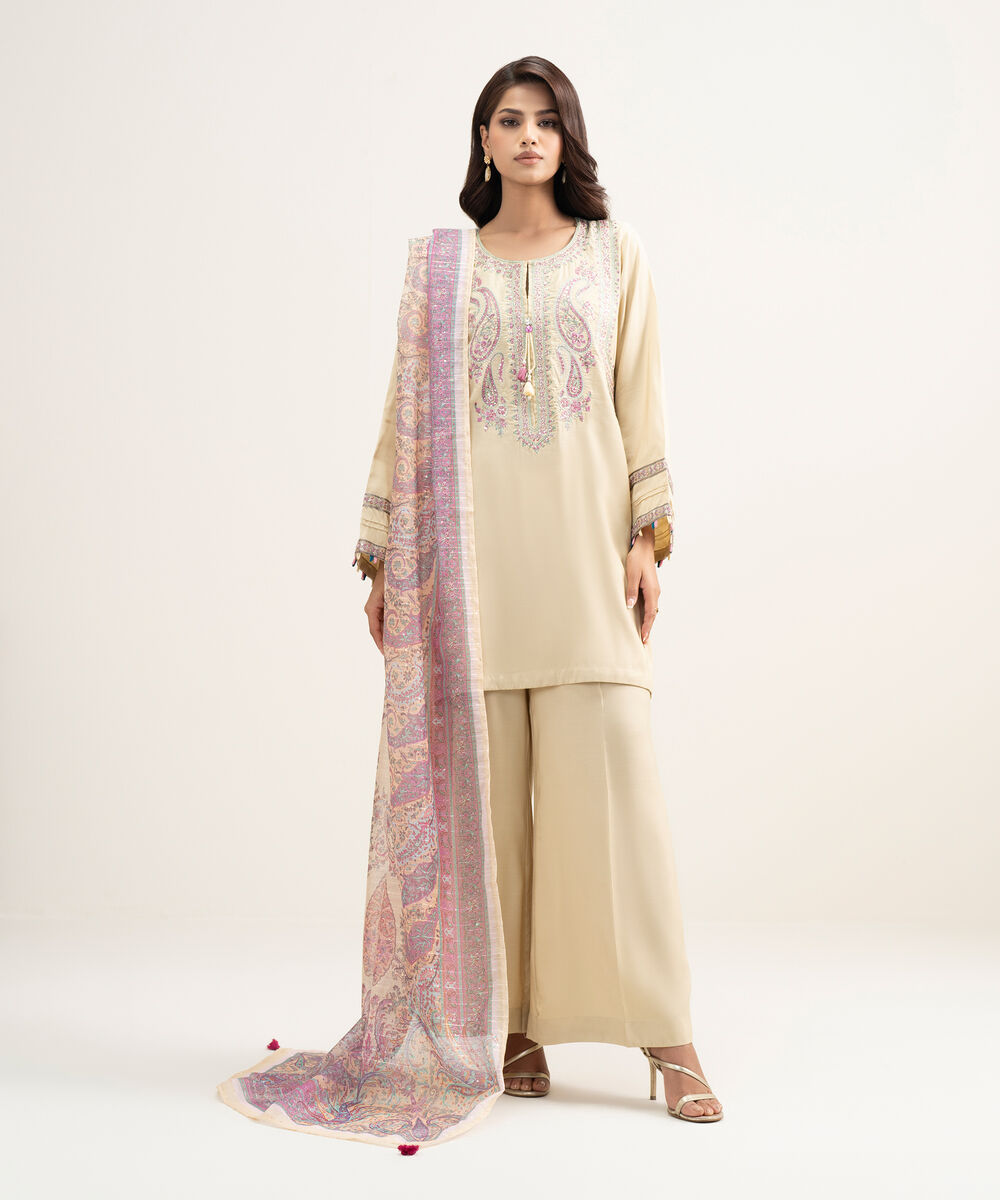 Women's RTW Viscose Raw Silk Embroidered Beige 3 Piece Suit