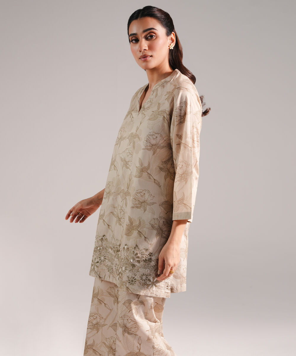 Women's RTW Lawn Embroidered Beige 2 Piece Suit